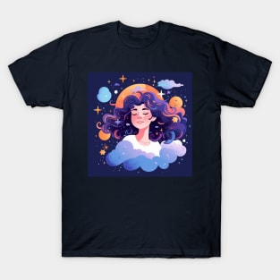 Woman with sweet dreams concept Young girl with galaxy and universe at hairs T-Shirt